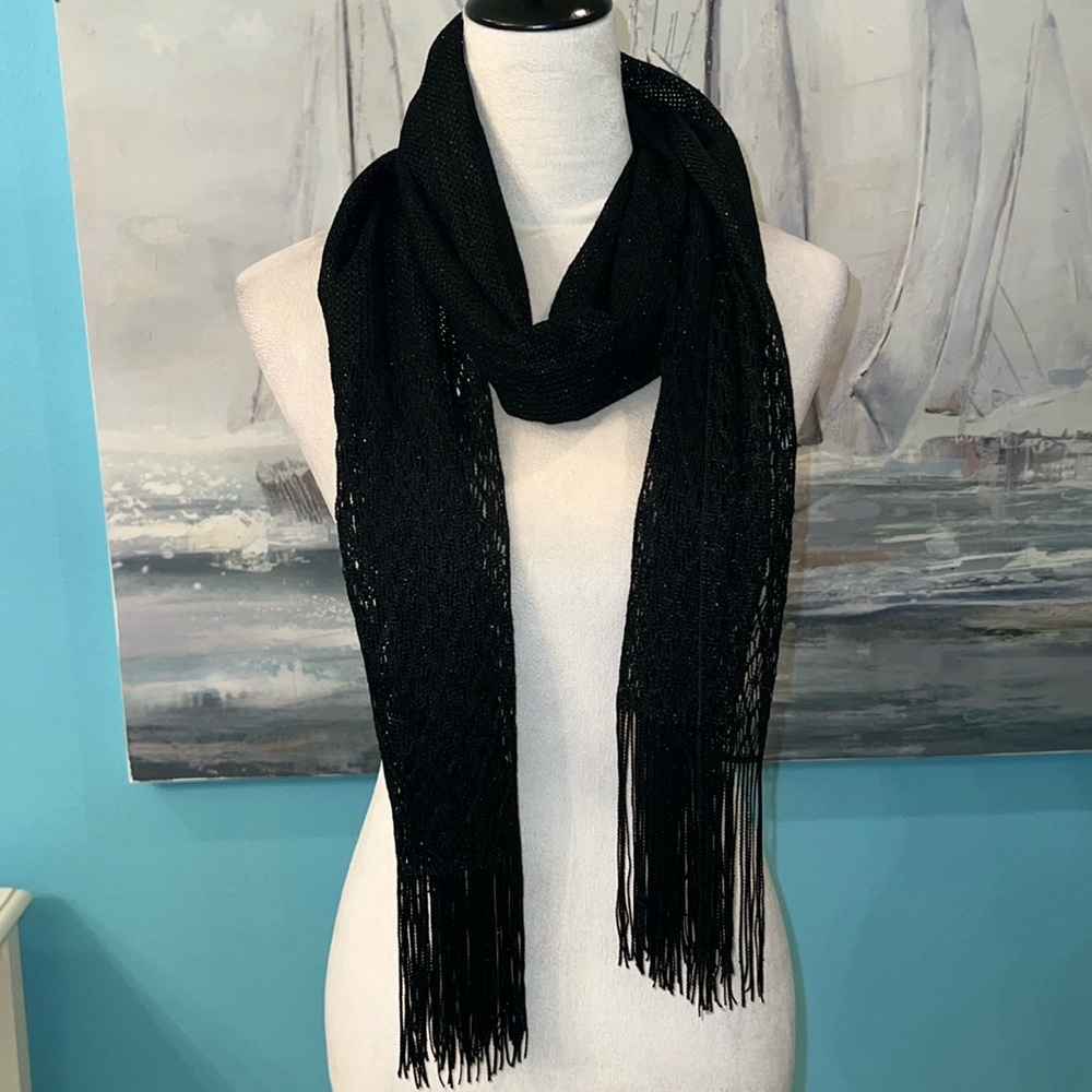 NWT Black Sheer Scarf w/ Fringe, OS